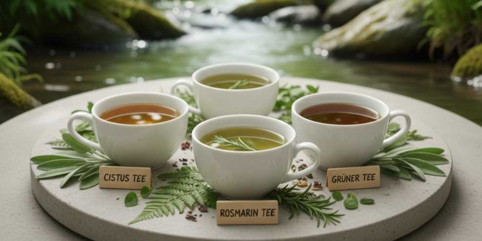 Pflanzenheilkunde zur Organstärkung, Entgiftung und Hormonregulation Vier verschiedene Kräutertees auf Holztablett - Phytotherapie Frankfurt