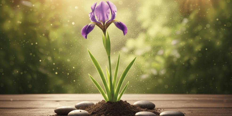 Natürliche Behandlung bei chronischen Rücken- und Gelenkbeschwerden Violette Schwertlilie in Tontopf - Symbol für sanfte Homöopathie